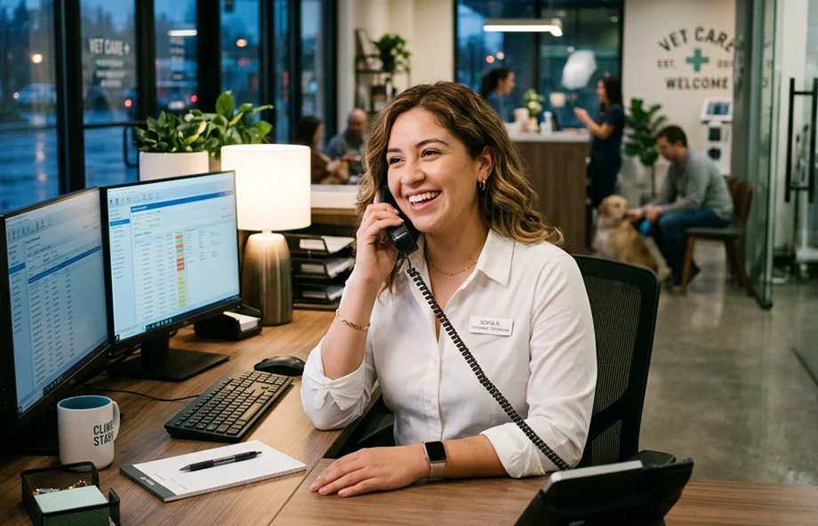 a member of staff in a veterinarian practise answering the phone at a desk with a computer in front of her